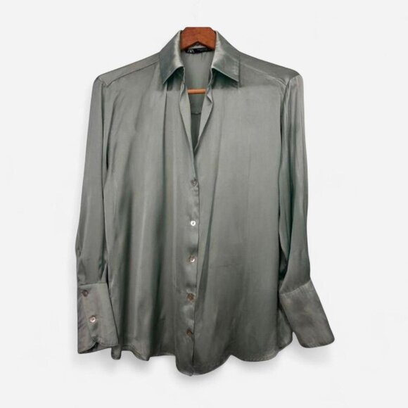 Zara Mint/Sage Green Button-Up Blouse – Size S – Excellent Condition - Picture 1 of 4